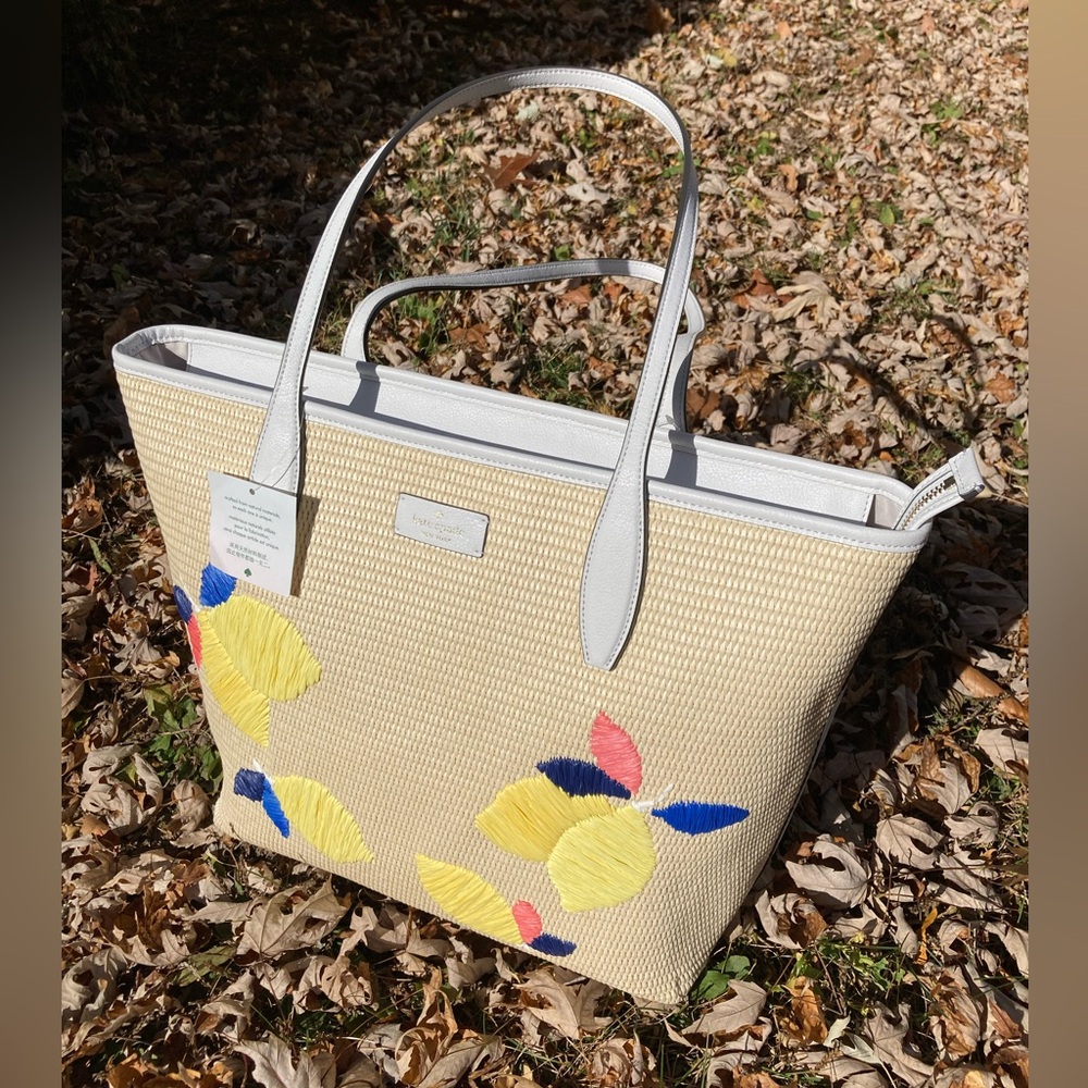 Kate Spade Large Tote Ash Straw Lemon Zest Straw and Leather Bag Lemon Print Bag